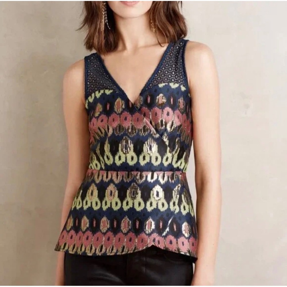 C19 HD in Paris Anthropologie Metallic Ikat Jacquard Peplum Top Navy Gold Pink 4